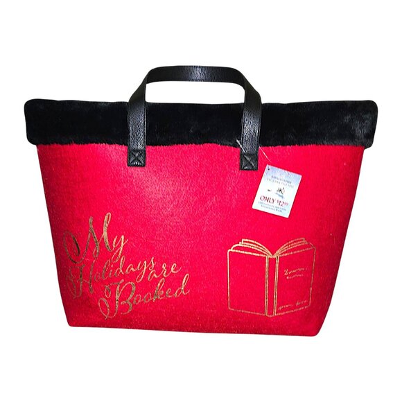 Barnes & Noble Exclusive Red "My Holidays Are Booked" Faux Fur Trim Tote Bag - Picture 4 of 7